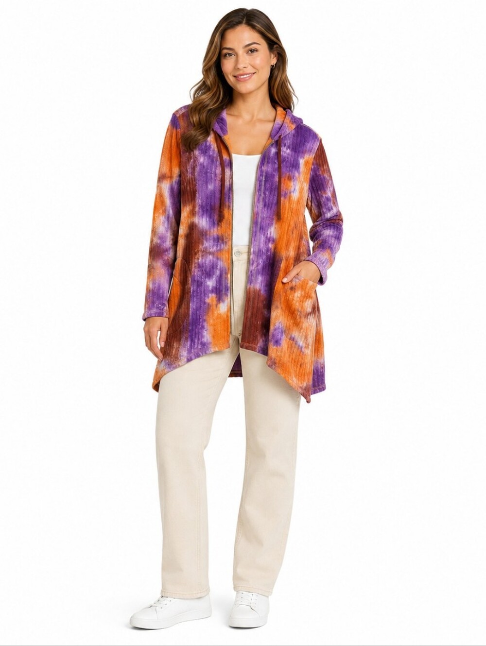 LOGO Lori Goldstein Large Tie Dye Hooded Cardigan Jacket Knit boho hippie